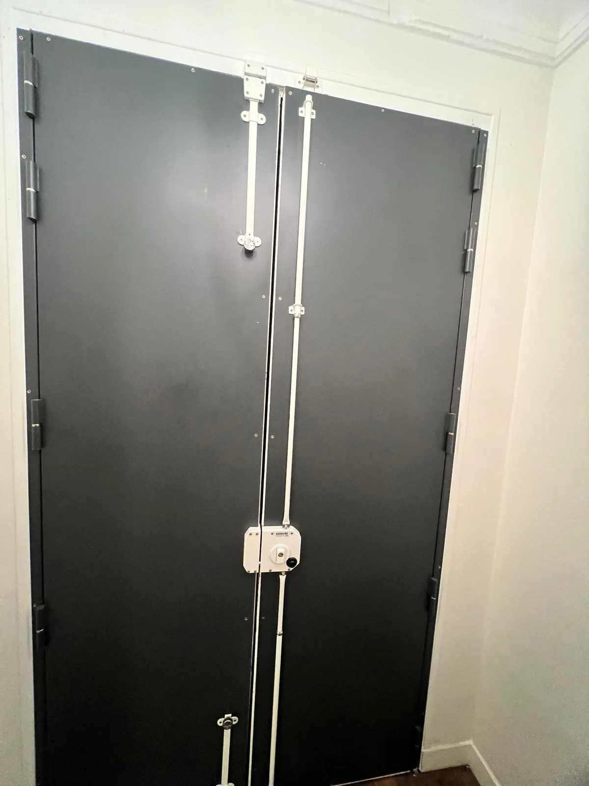Porte à deux vantaux gris anthracite, tringles de la serrure trois points et boîtier central apparents, rue Jules Simon à Boulogne-Billancourt