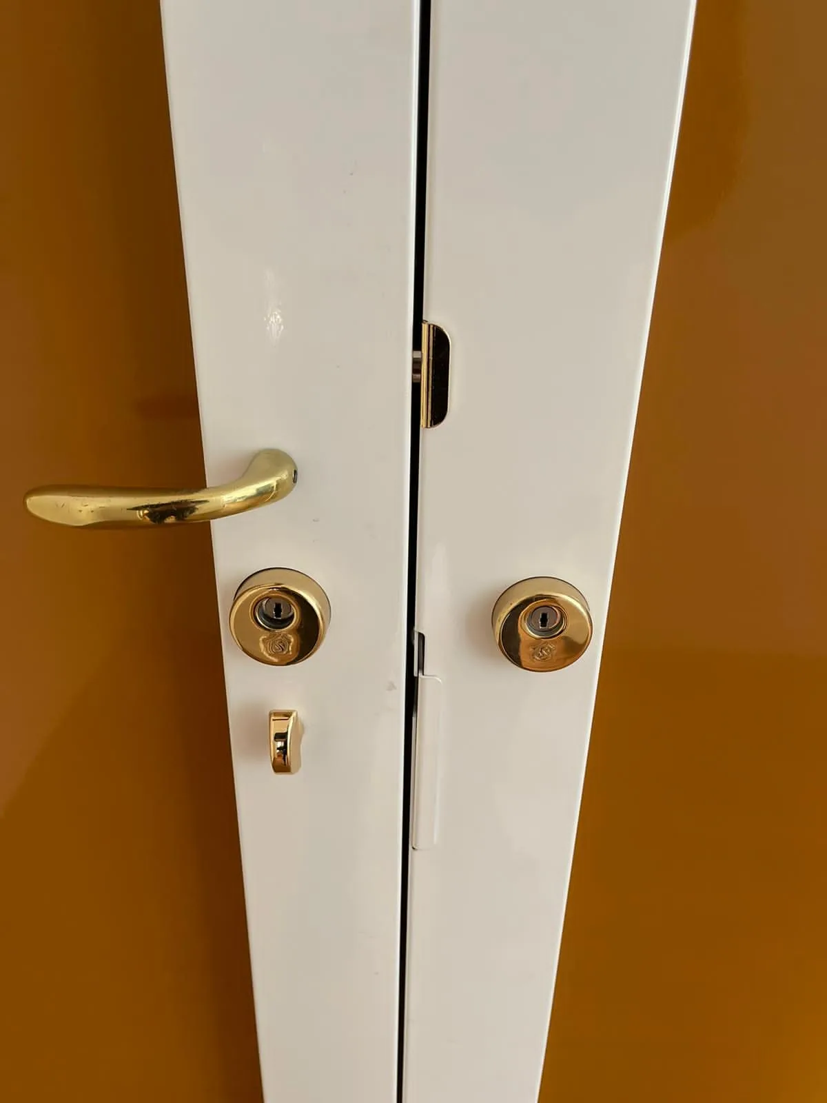Porte blanche à deux vantaux villa des Princes à Boulogne-Billancourt, une entrée de cylindre en rosace laiton sur chaque battant après pose d'une serrure multipoints Kaba